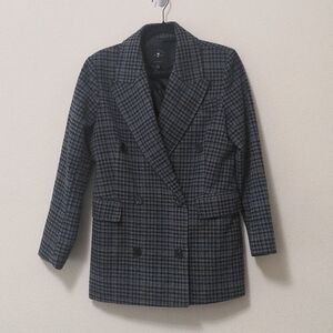 7 for All Mankind Blue Gray Plaid Oversized Double Breasted Coat